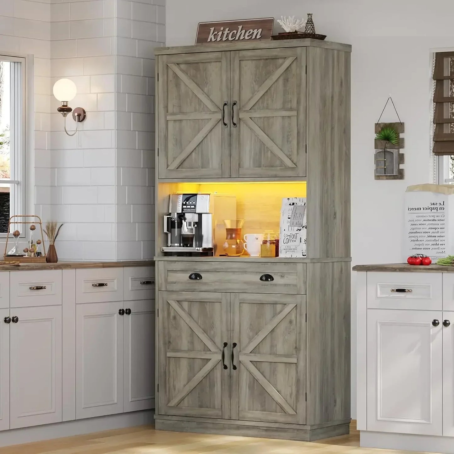 Farmhouse Kitchen Pantry Cabinet with Adjustable Shelves and LED Lights