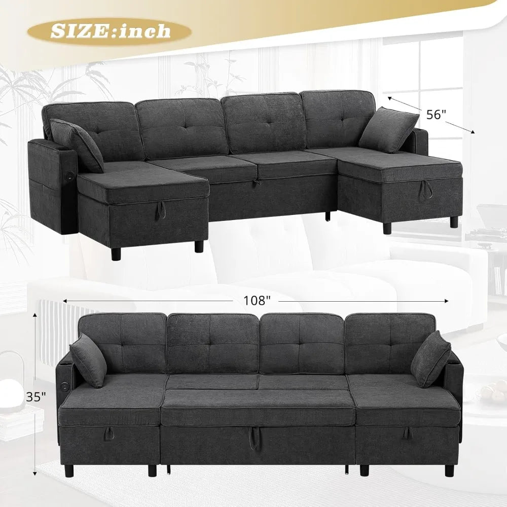 Ljustra Modern Chenille Sectional Sofa, U-Shaped, Pull Out Bed, Adjustable Back, Storage Chaises