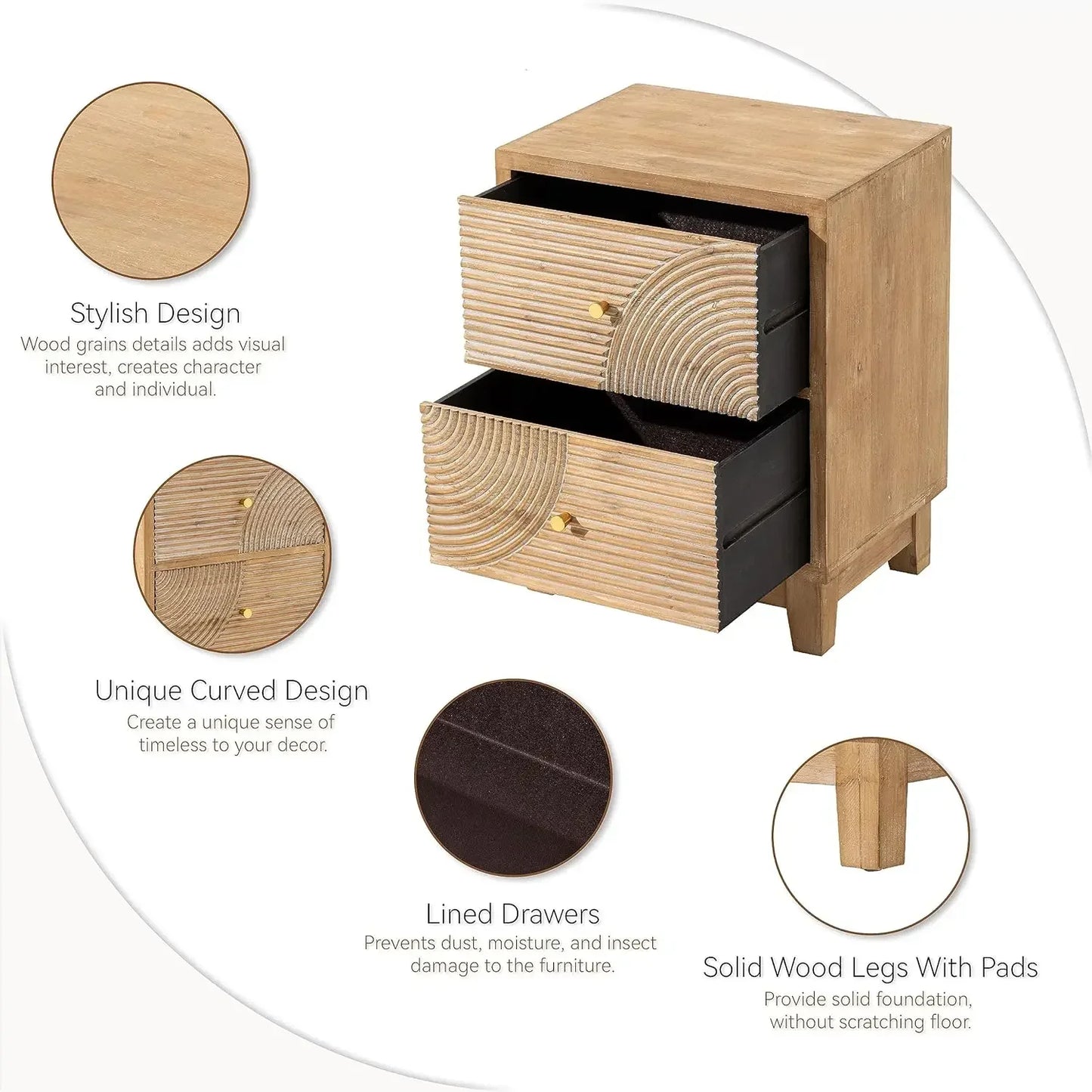 2-Drawer Nightstand Set of 2 Mid Century Modern Nightstands Fully Assembled