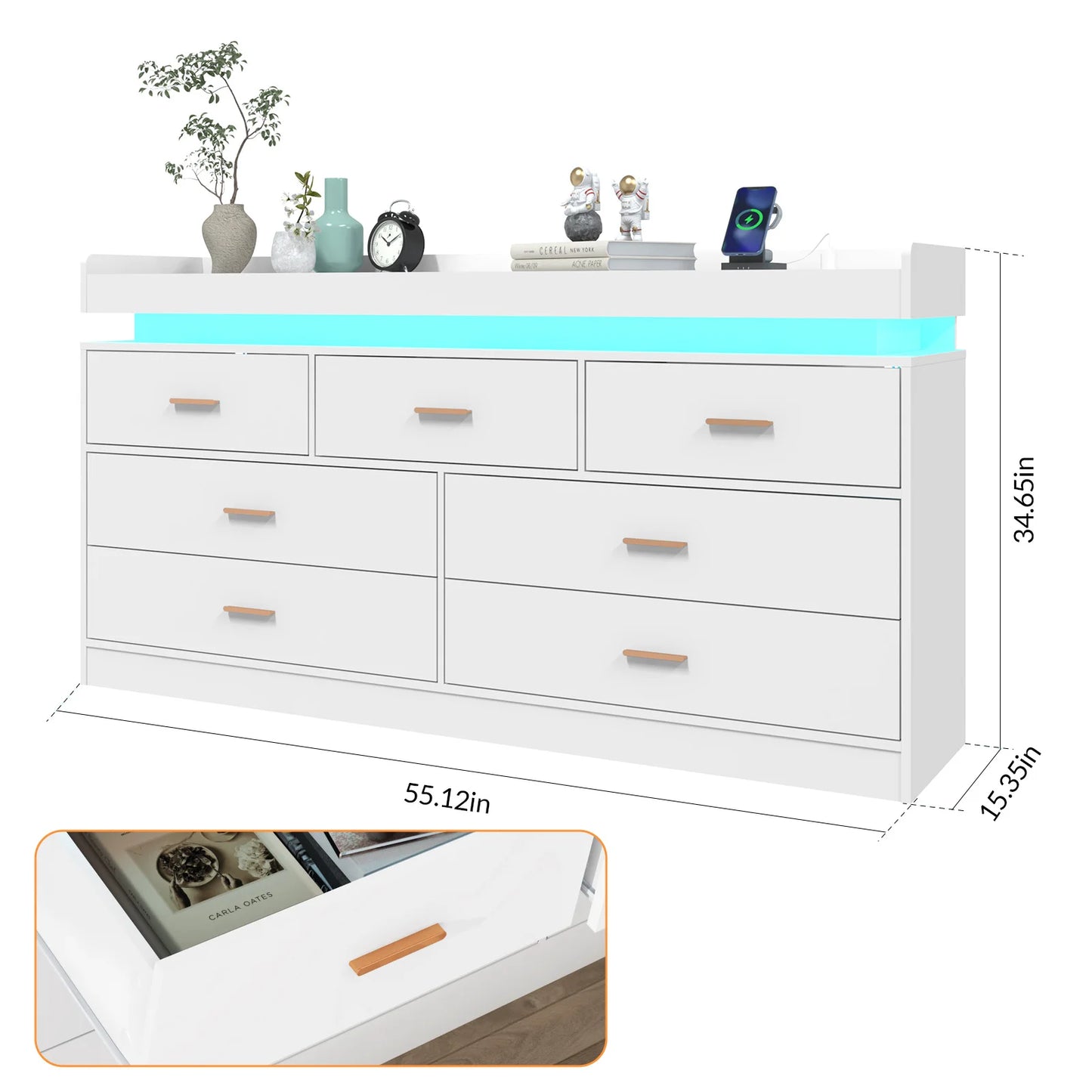 Modern 7 Drawer Dresser with LED Light Charging Station Chest of Drawers