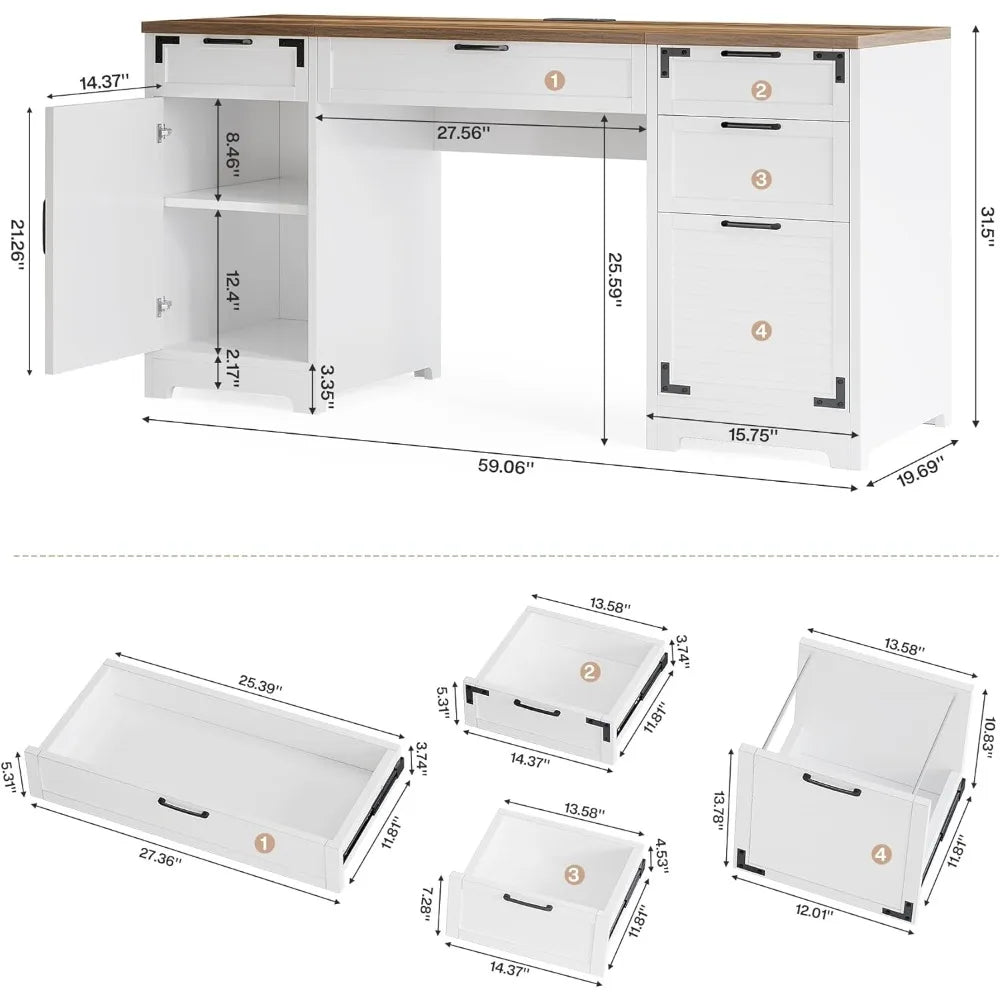 59 Inch Farmhouse Executive Desk with Charging Station and Storage