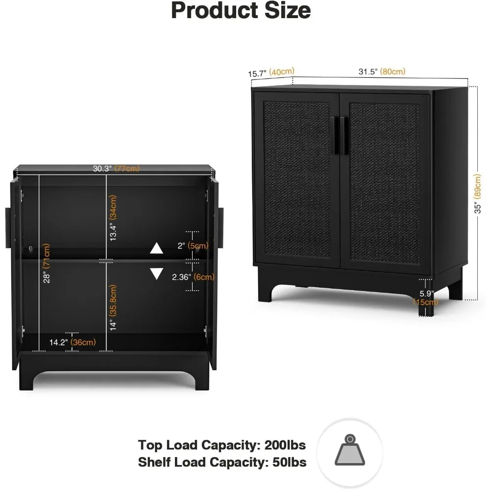 Black Rattan Storage Cabinet 2 Doors Adjustable Shelf Entryway Buffet