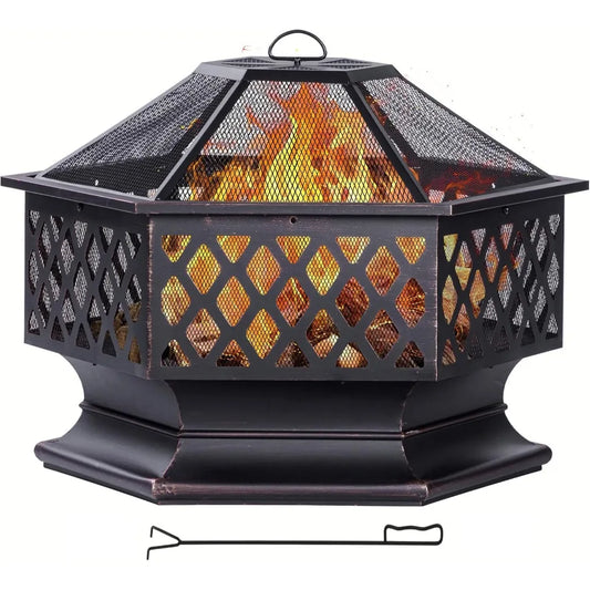 Outdoor Fire Pit Hexagon Wood Burning Patio Bonfire 33 Inch