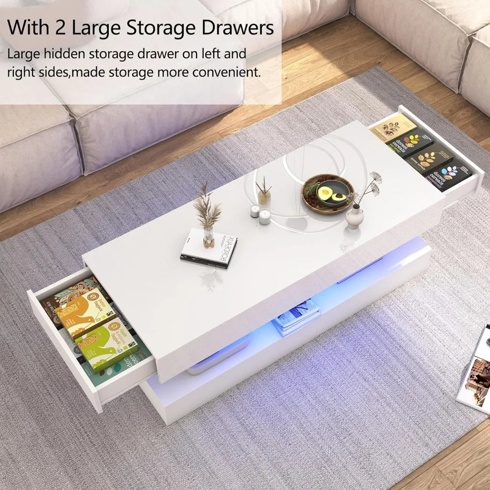 Modern High Gloss LED Coffee Table with Storage for Living Room