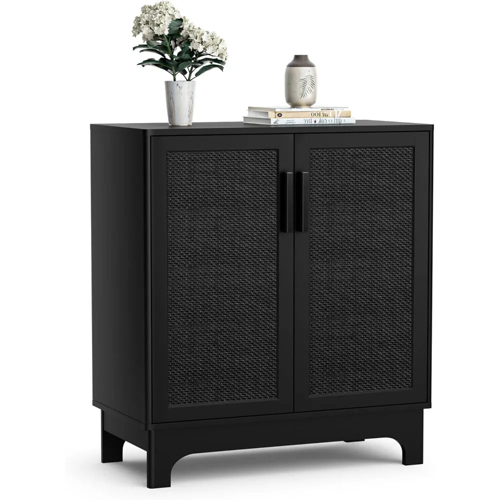 Black Rattan Storage Cabinet 2 Doors Adjustable Shelf Entryway Buffet