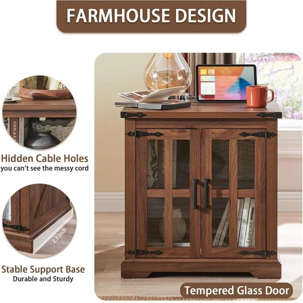 Farmhouse End Table with Charging Station Rustic Nightstand 24 Inch