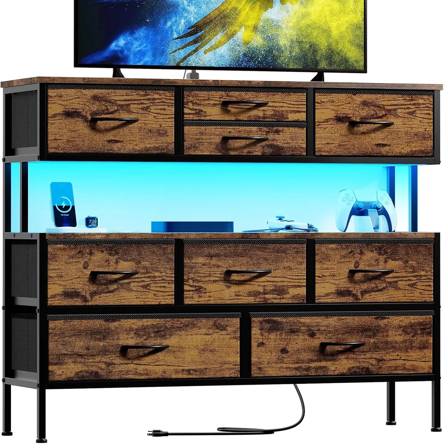 Dresser TV Stand with Charging Station LED Lights 55 Inch 9 Drawers