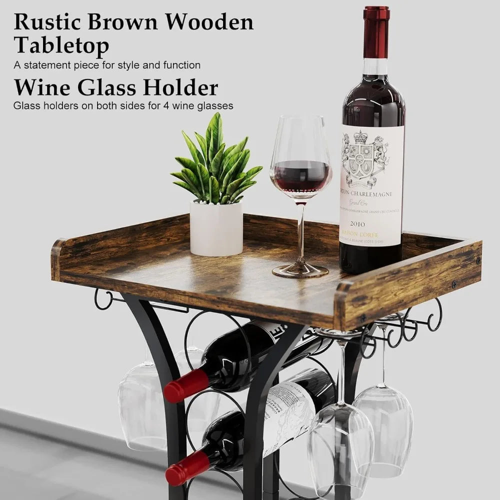 Mini Bar Table Wine Cabinet with Glass Shelf Wooden Top Home Bar Storage