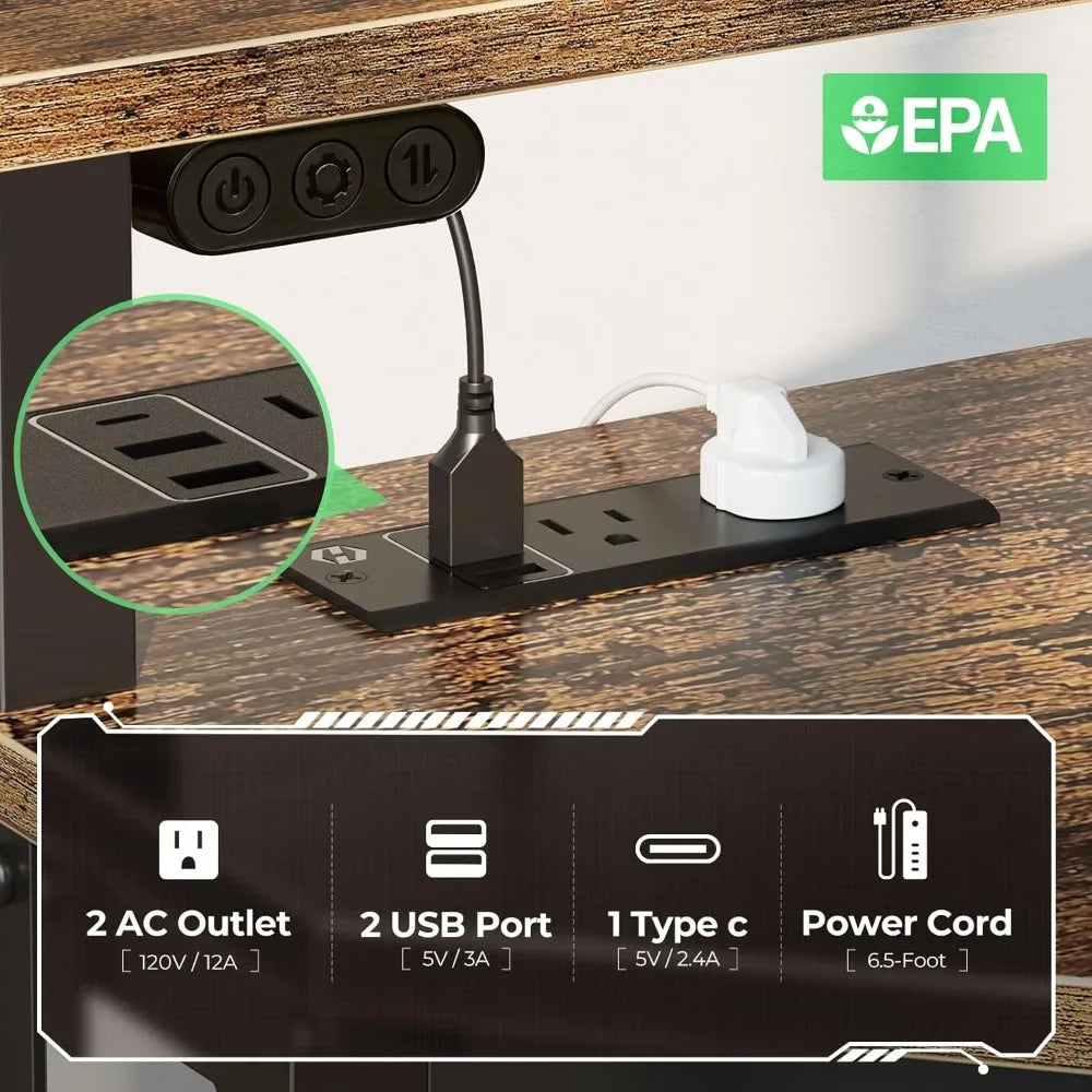 Corner Desk with Power Outlets LED Lights Gaming Computer Triangle Design