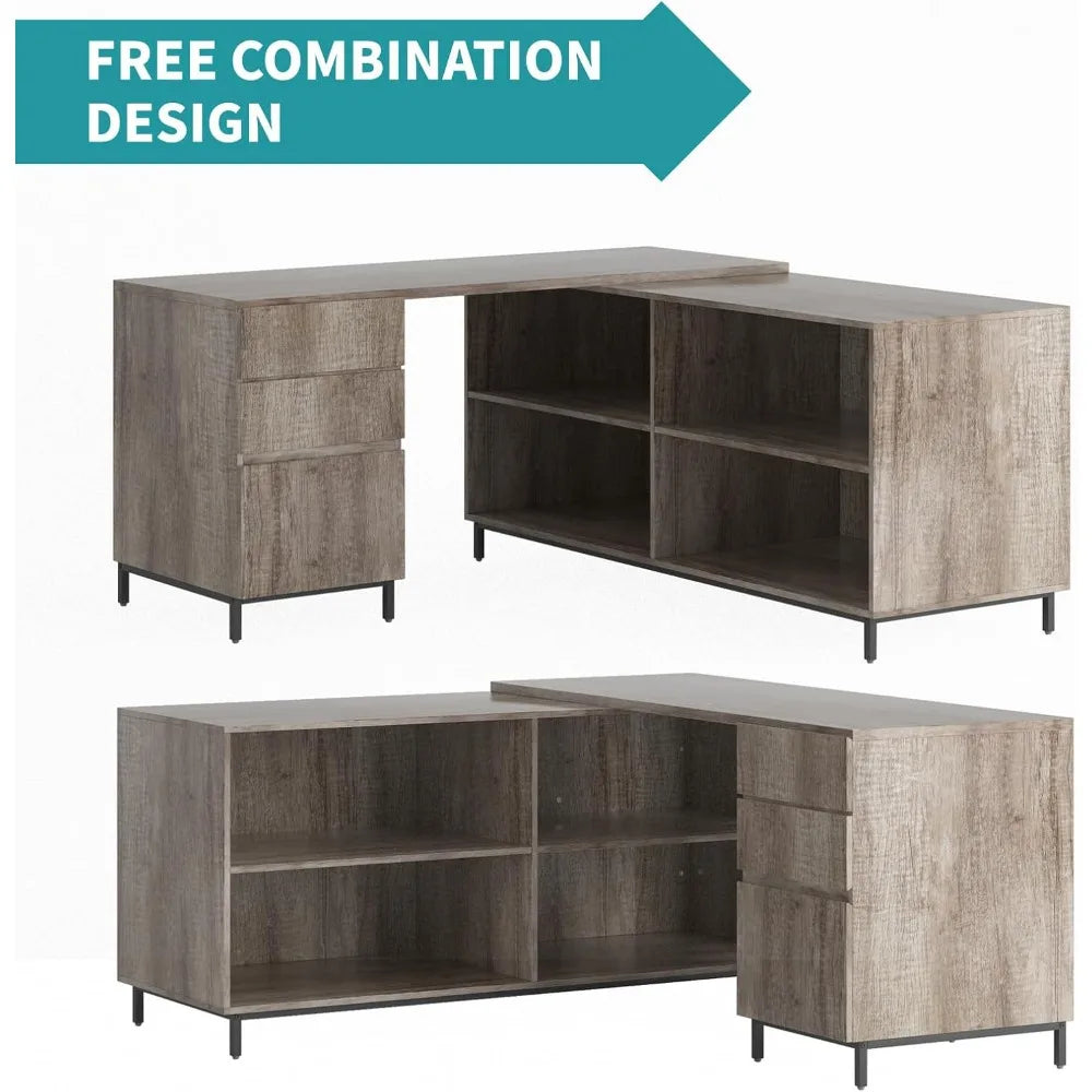 Home Office Corner Desk L Shaped Writing Desk with 3 Drawers and 4 Shelves