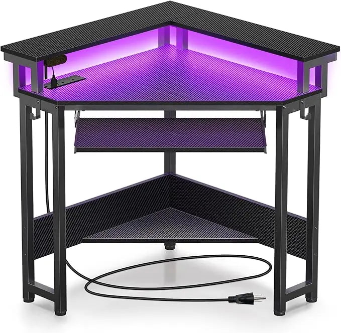 Corner Desk with Power Outlets LED Lights Gaming Computer Triangle Design