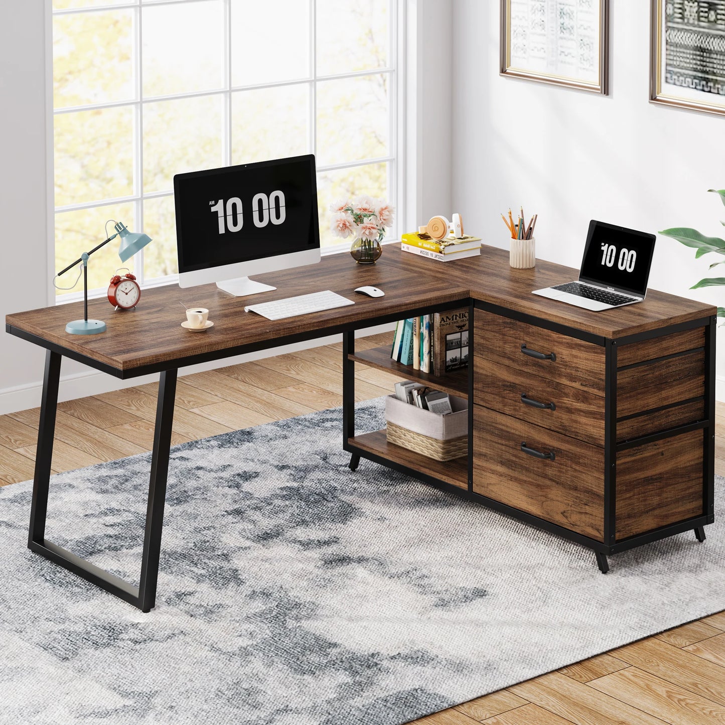 Ljustra L-Shaped Computer Desk with 3 Drawers Reversible Corner Desk