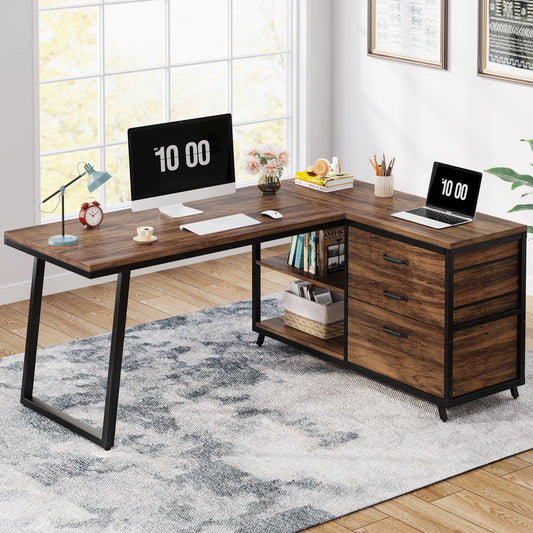 Ljustra L-Shaped Computer Desk with 3 Drawers Reversible Corner Desk