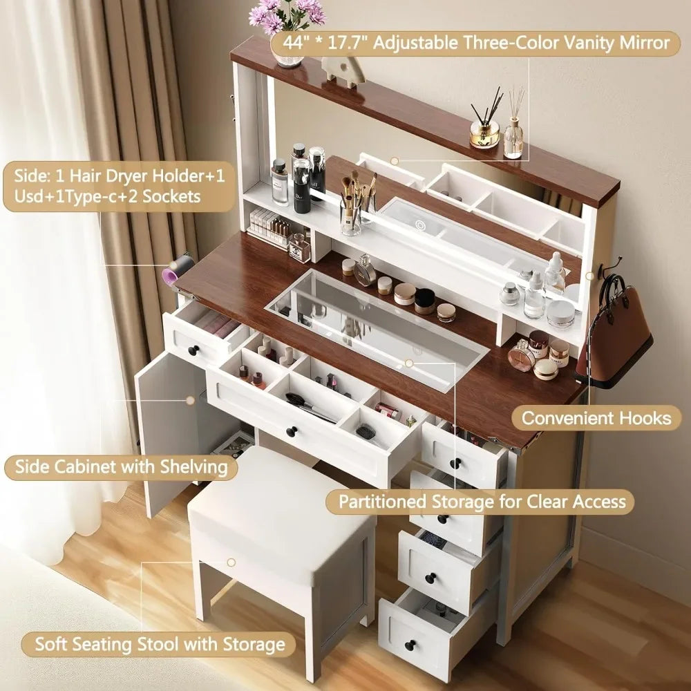 Vanity Desk with Mirror and Lights Farmhouse Makeup Table 45"W