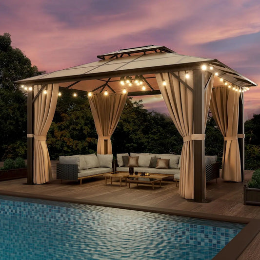 10x12 Hardtop Gazebo Aluminum Frame Pavilion with Netting Curtains Outdoor