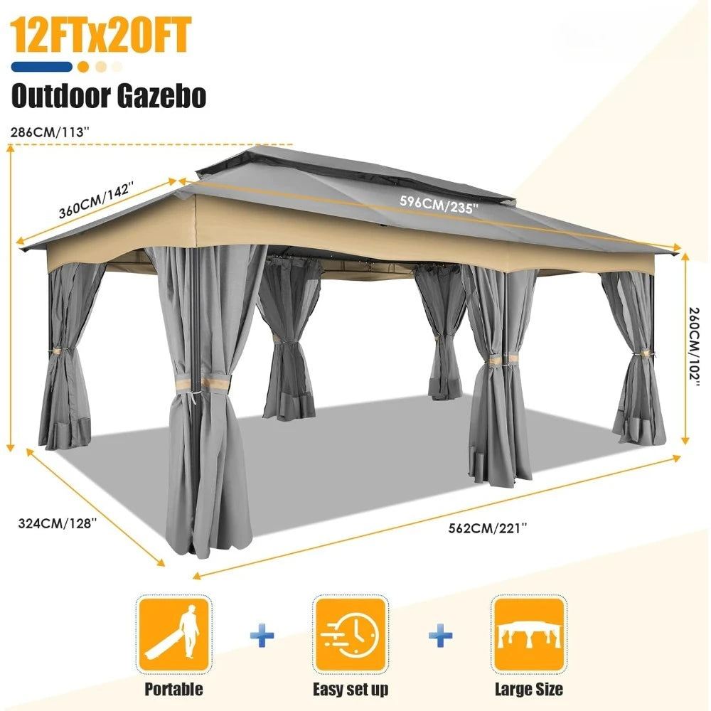 12x20 Outdoor Gazebo with Privacy Curtains Mosquito Netting Metal Frame