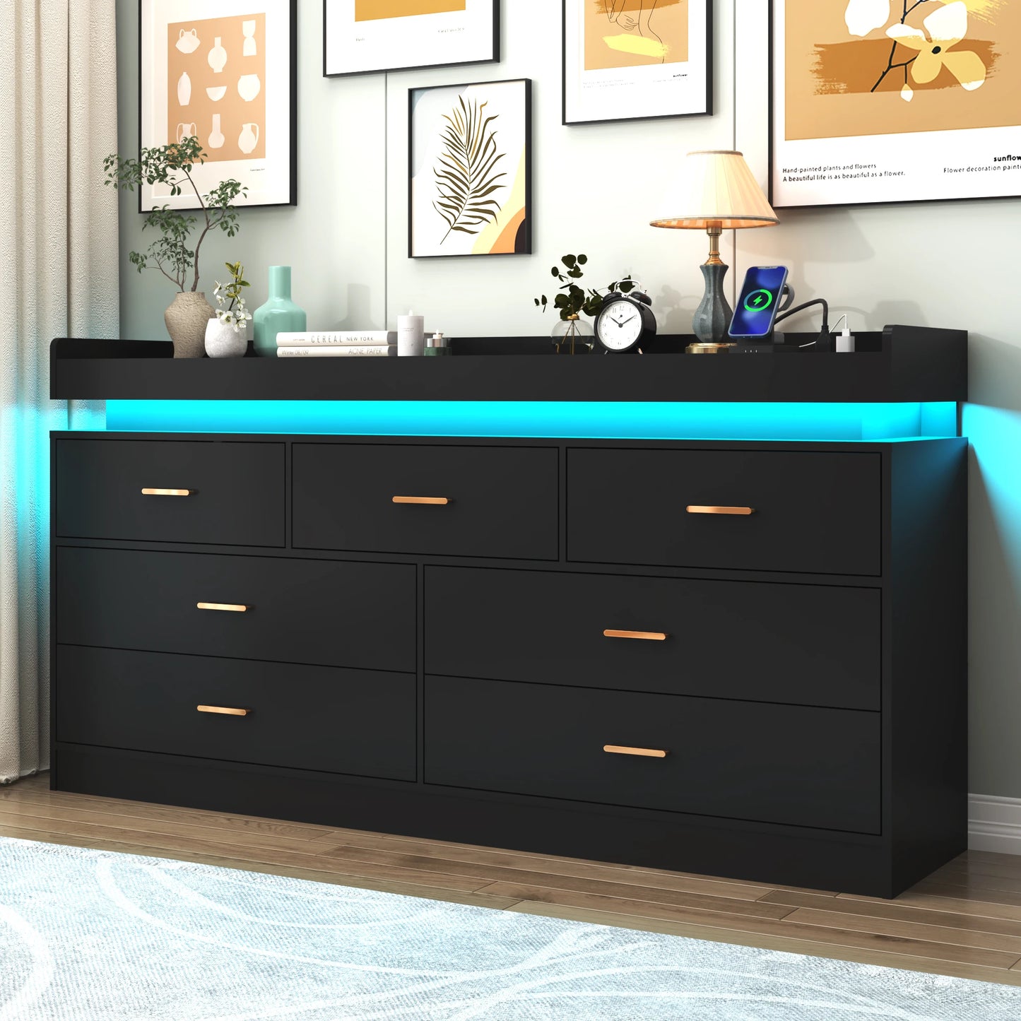 Modern 7 Drawer Dresser with LED Light Charging Station Chest of Drawers