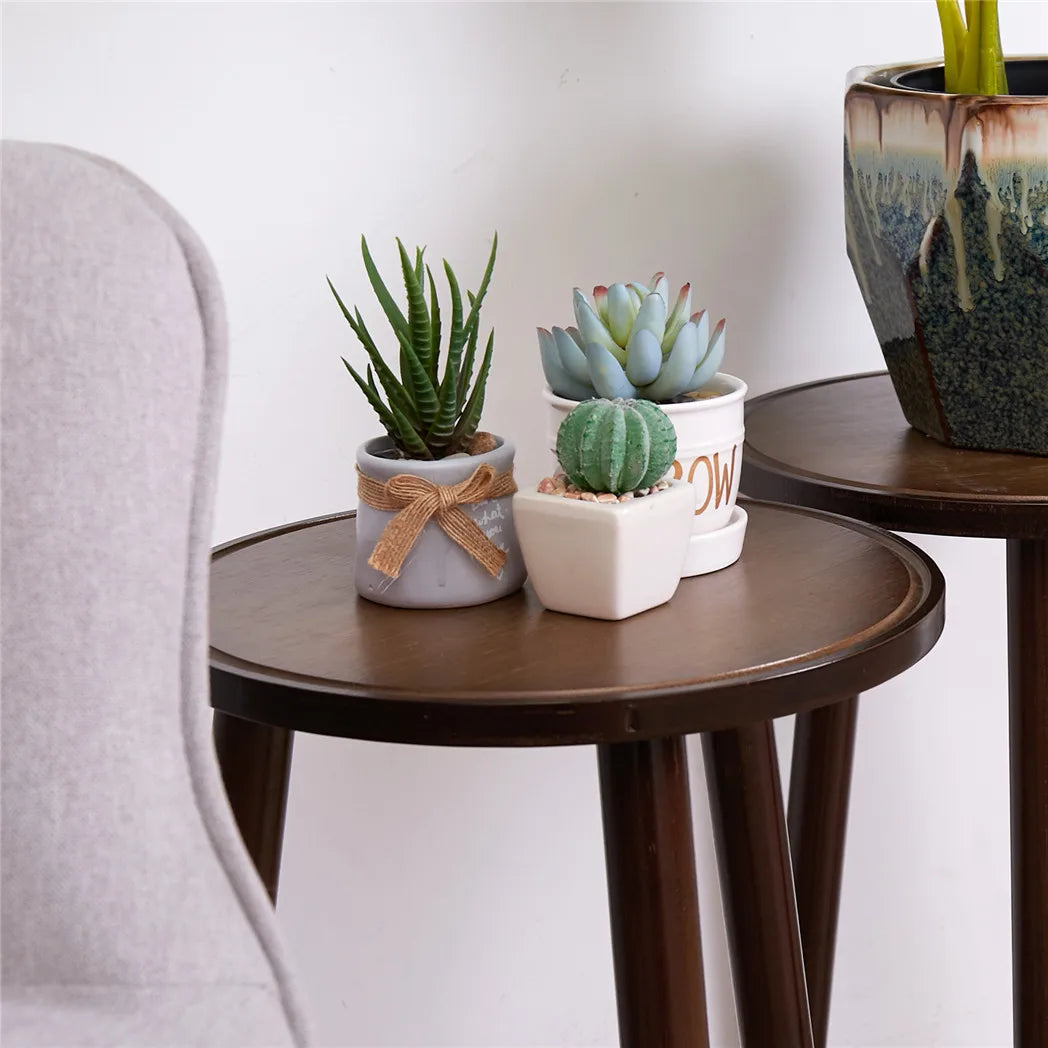 Small Round Bamboo Plant Stand 3-Legged End Table Set of 2
