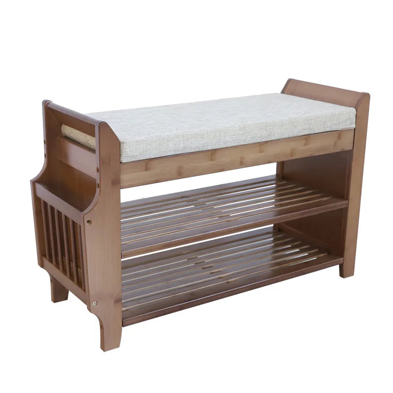 2-Tier Bamboo Shoe Bench with Removable Cushion Storage Organizer