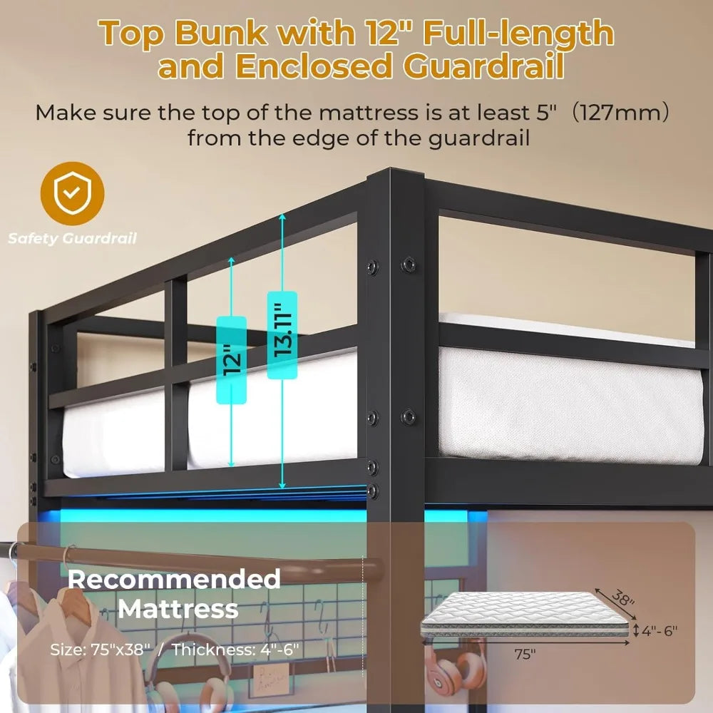 Ljustra Twin Over Twin Metal Bunk Bed with Desk LED Lights and Storage