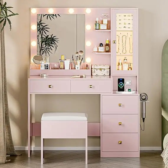 Vanity Desk with Mirror and RGB LED Lights 5 Drawers Jewelry Organizer