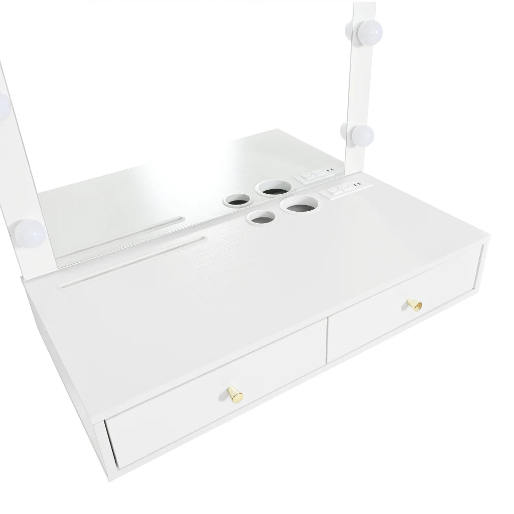 Floating Makeup Vanity Desk with Mirror 3-Color Lights Storage Outlet