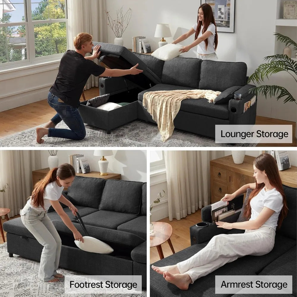 Ljustra Sofa Bed Sleeper Couch with Chaise Storage USB Cup Holder