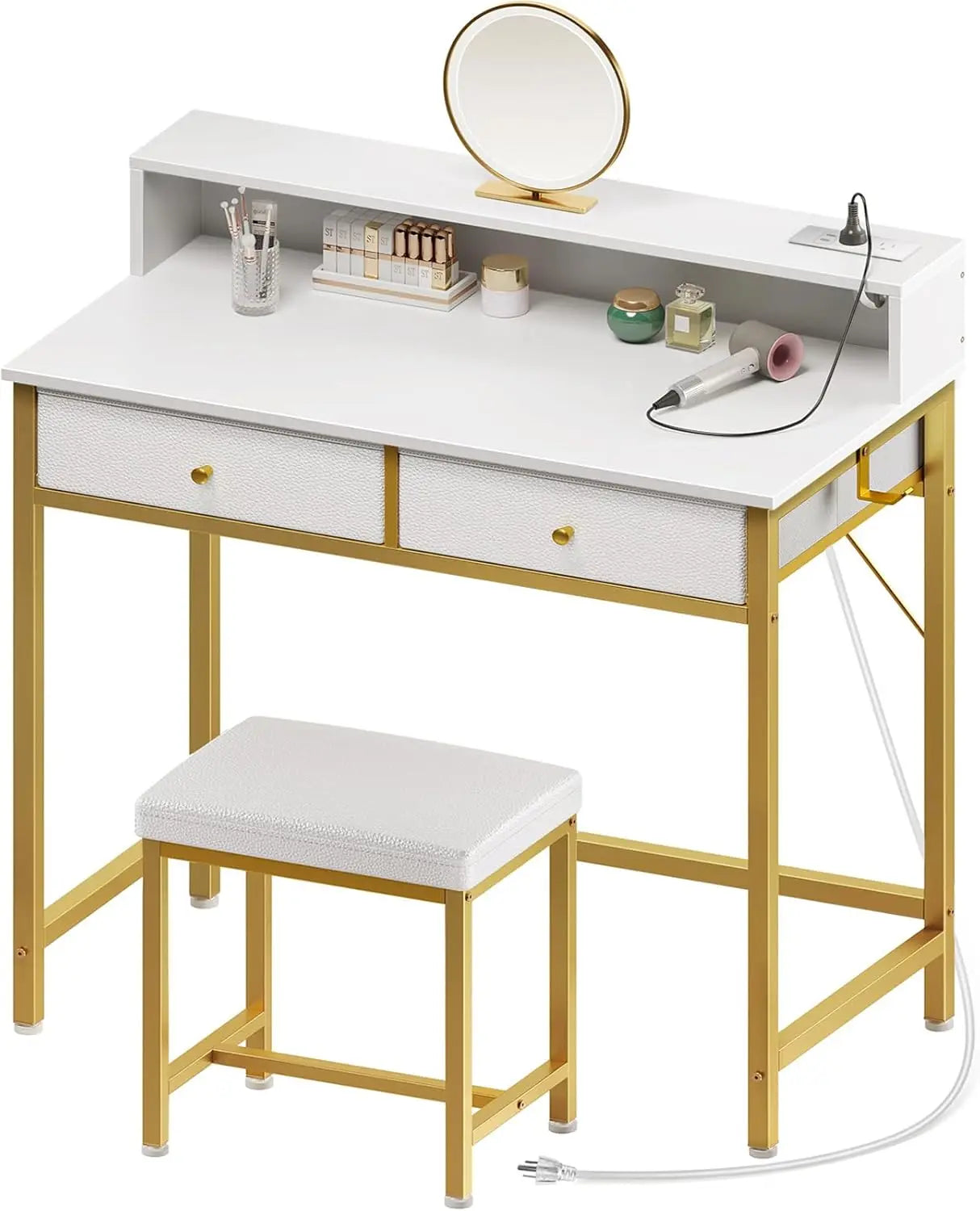 Vanity Desk with Drawers and Charging Station for Bedroom Home Office