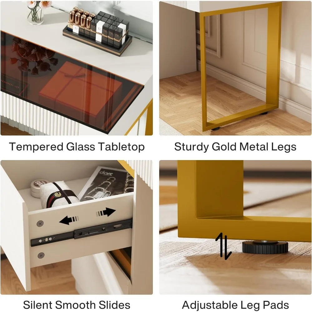 Modern Makeup Vanity Desk with Glass Top and 4 Storage Drawers