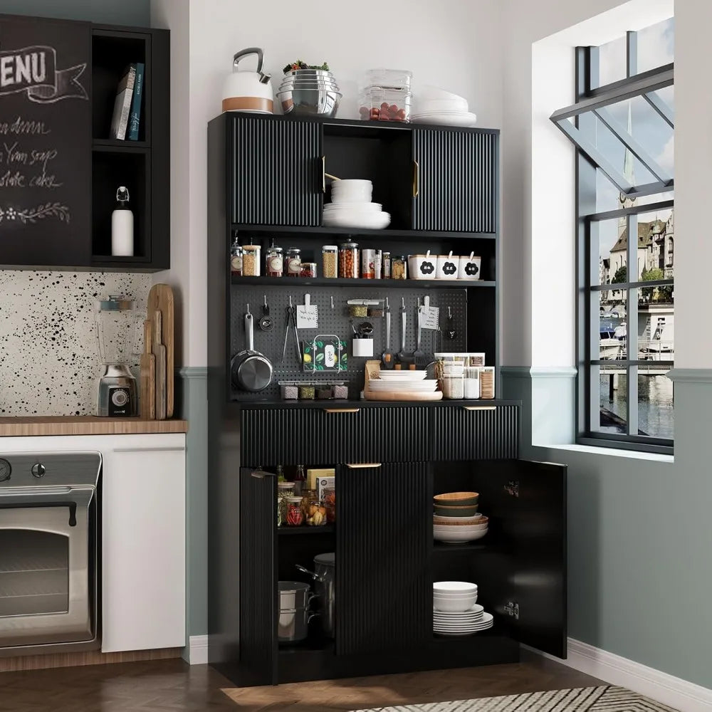Kitchen Pantry Cabinet with Countertop Power Outlet Adjustable Shelves