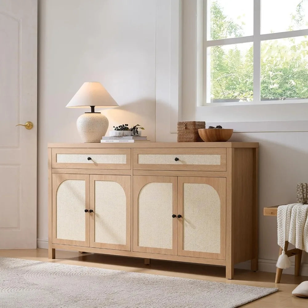 60 Inch Large Sideboard Buffet Cabinet Rattan Accent Storage