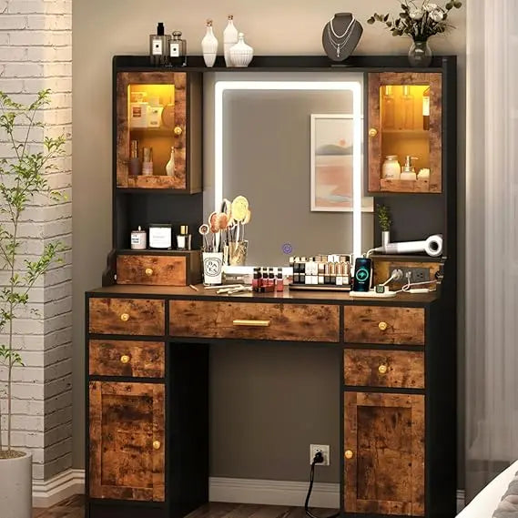 Vanity Desk with Mirror RGB Cabinet and Power Outlet for Makeup
