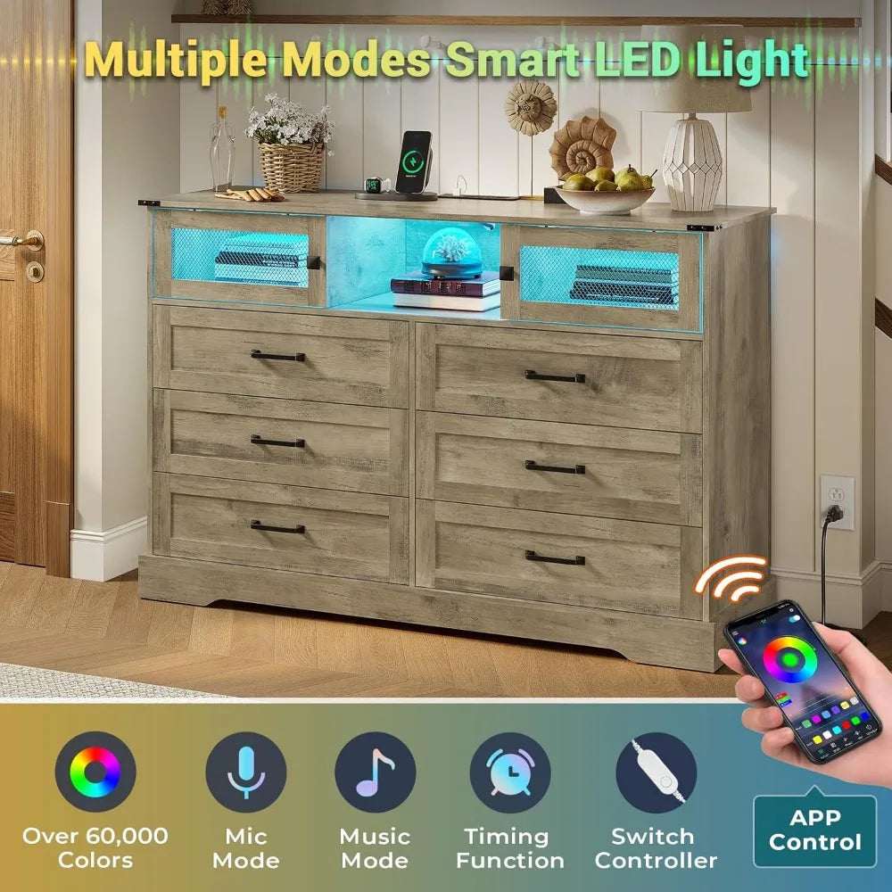 6 Drawer Dresser with LED Lights Charging Station Farmhouse Organizer