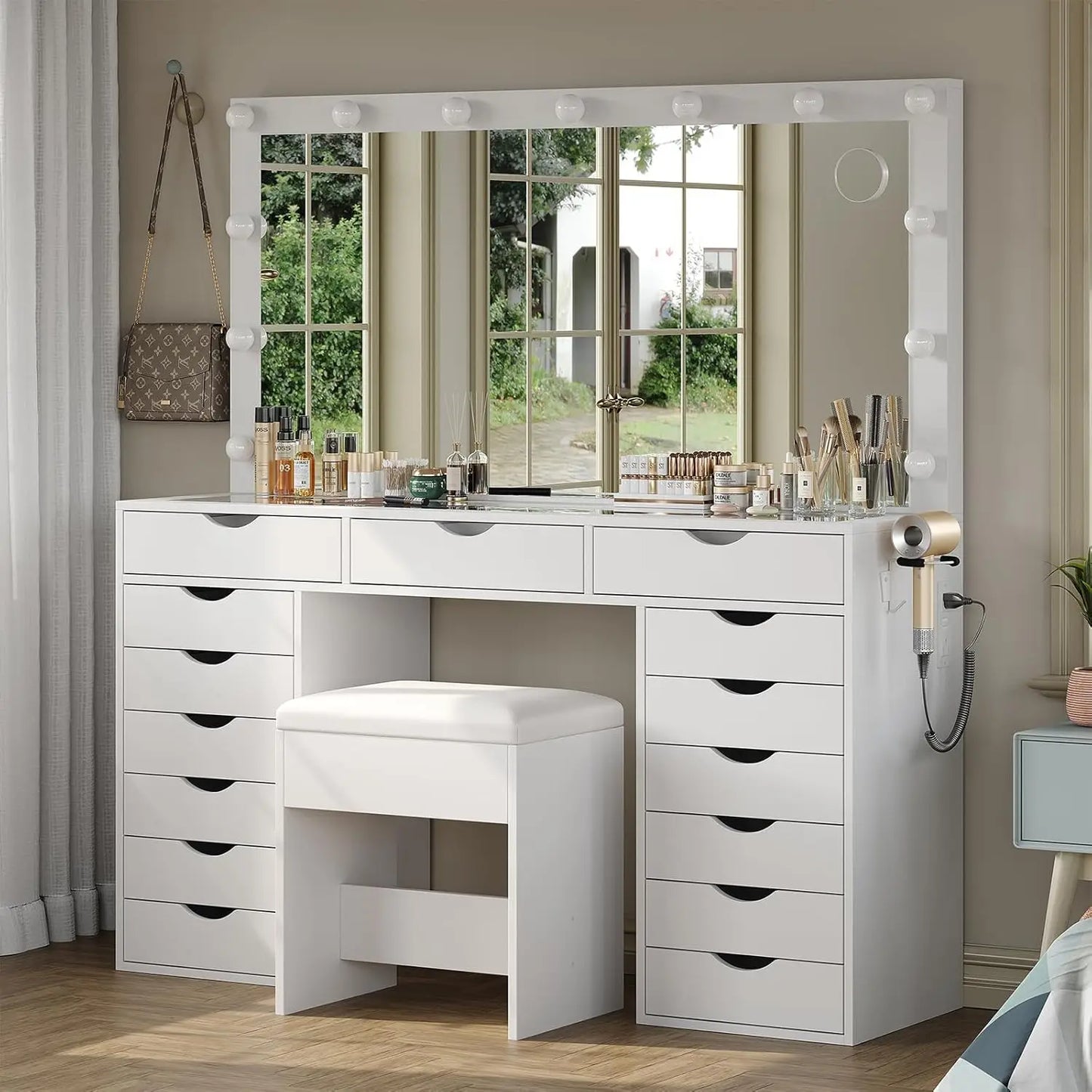 Vanity Desk with Mirror and Lights Makeup Table Charging Station 15 Drawers