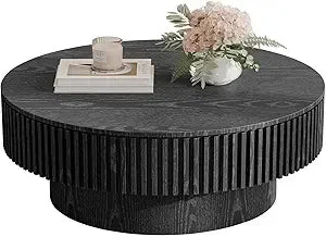 Modern Round Coffee Table Solid Wood Grey 31.5 Inch for Living Room