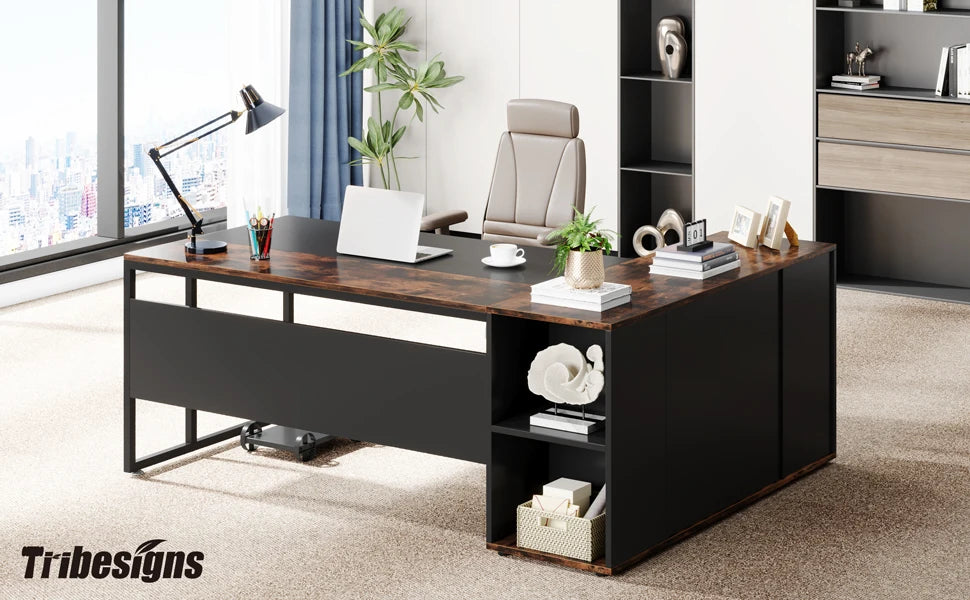 L Shaped Executive Desk with Storage Cabinet 71 Inch Office Furniture