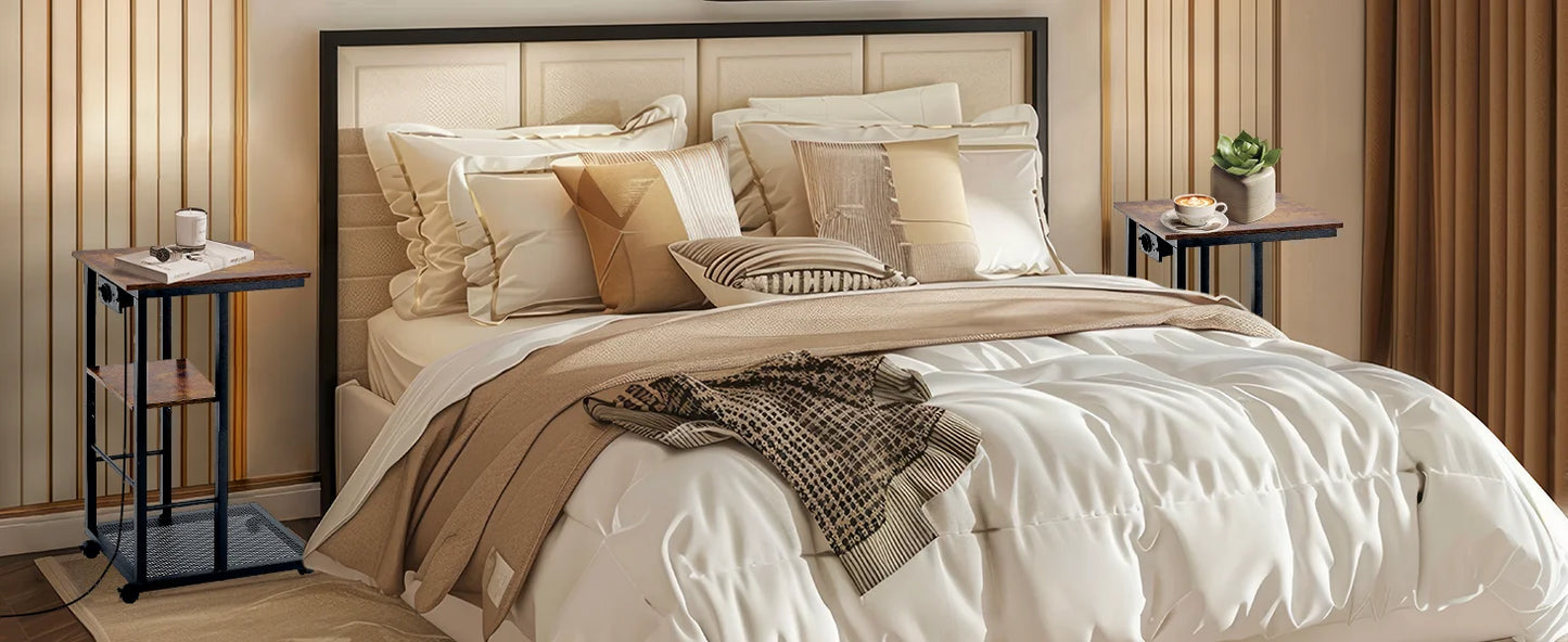 C Shaped End Table with Charging Station Rolling Wheels Small Space