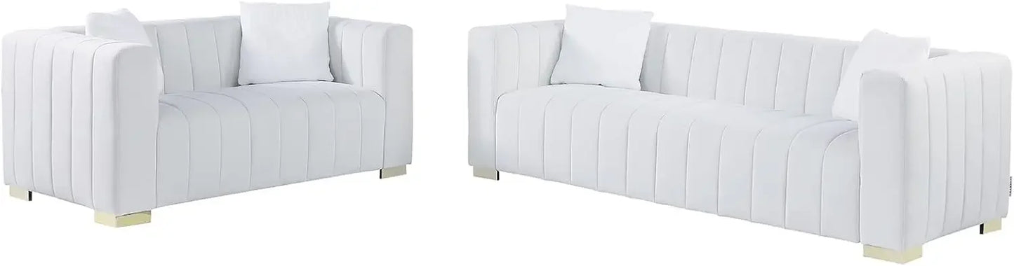 2-Piece Velvet Sofa Set White Tufted Couch & Loveseat with Pillows for Living Room