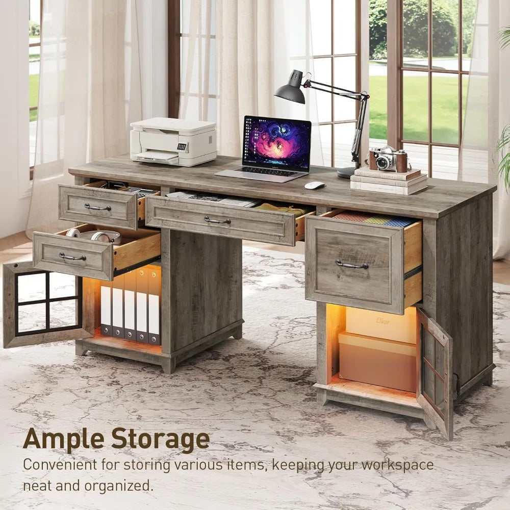 58 Inch Farmhouse Wooden Desk with Power Outlets and LED Light