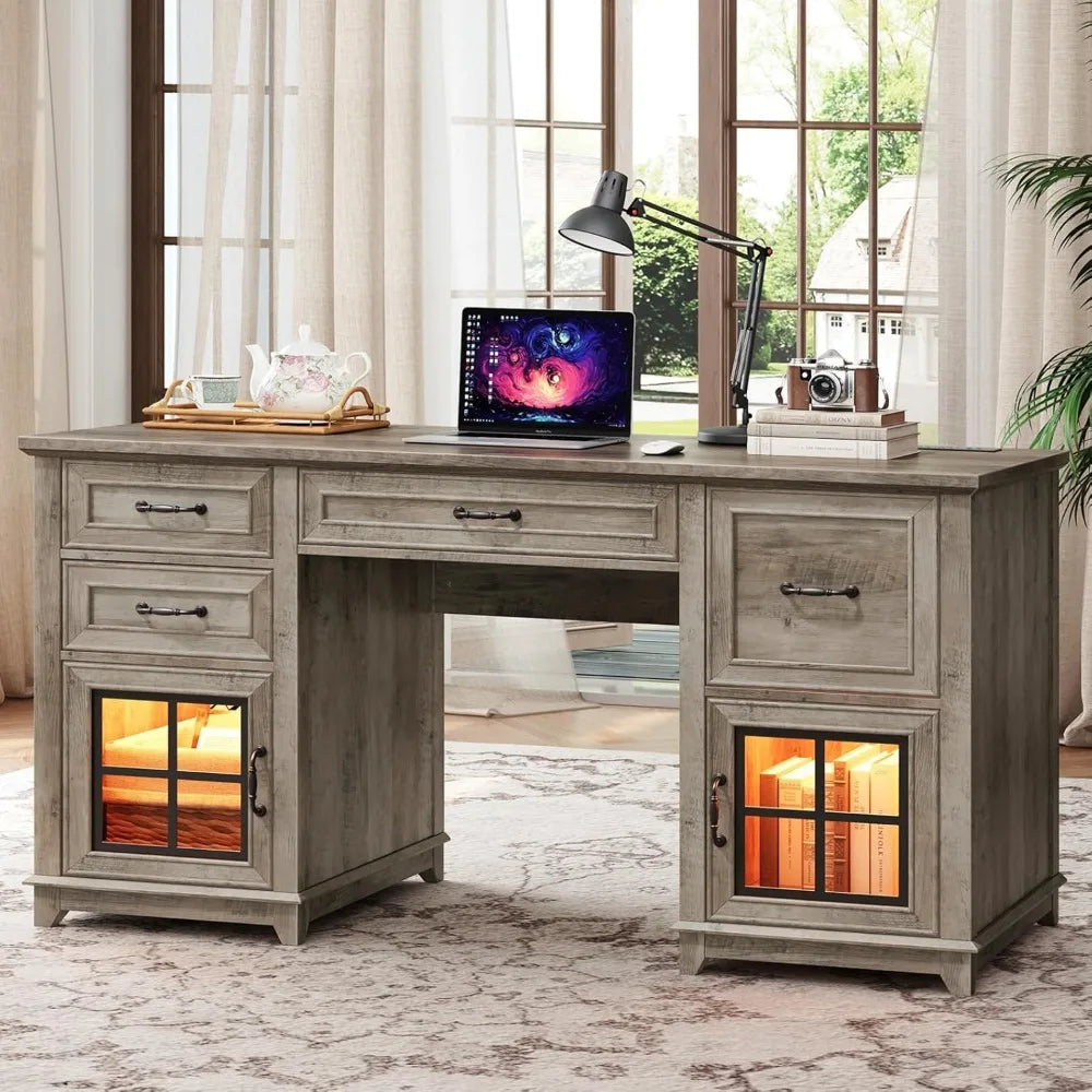58 Inch Farmhouse Wooden Desk with Power Outlets and LED Light