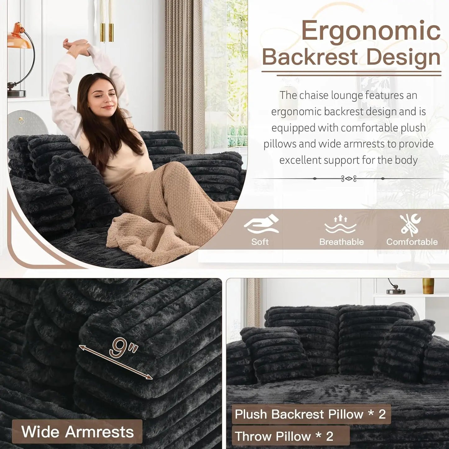 Ljustra Faux Fur Sleeper Chaise Sofa Oversized 60" Deep Cloud Couch Bed Black