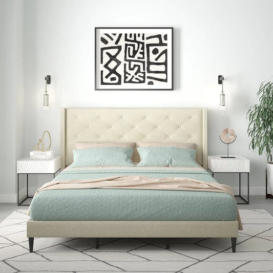 Ljustra Upholstered Platform Bed Frame Wingback Button Tufted MCM
