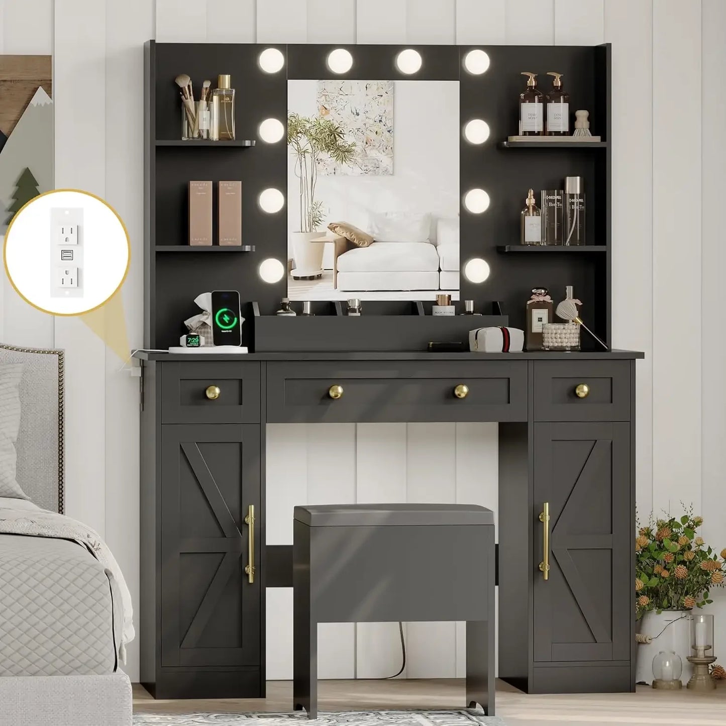Ljustra Vanity Desk with Mirror and Lights Makeup Table Set with 5 Drawers