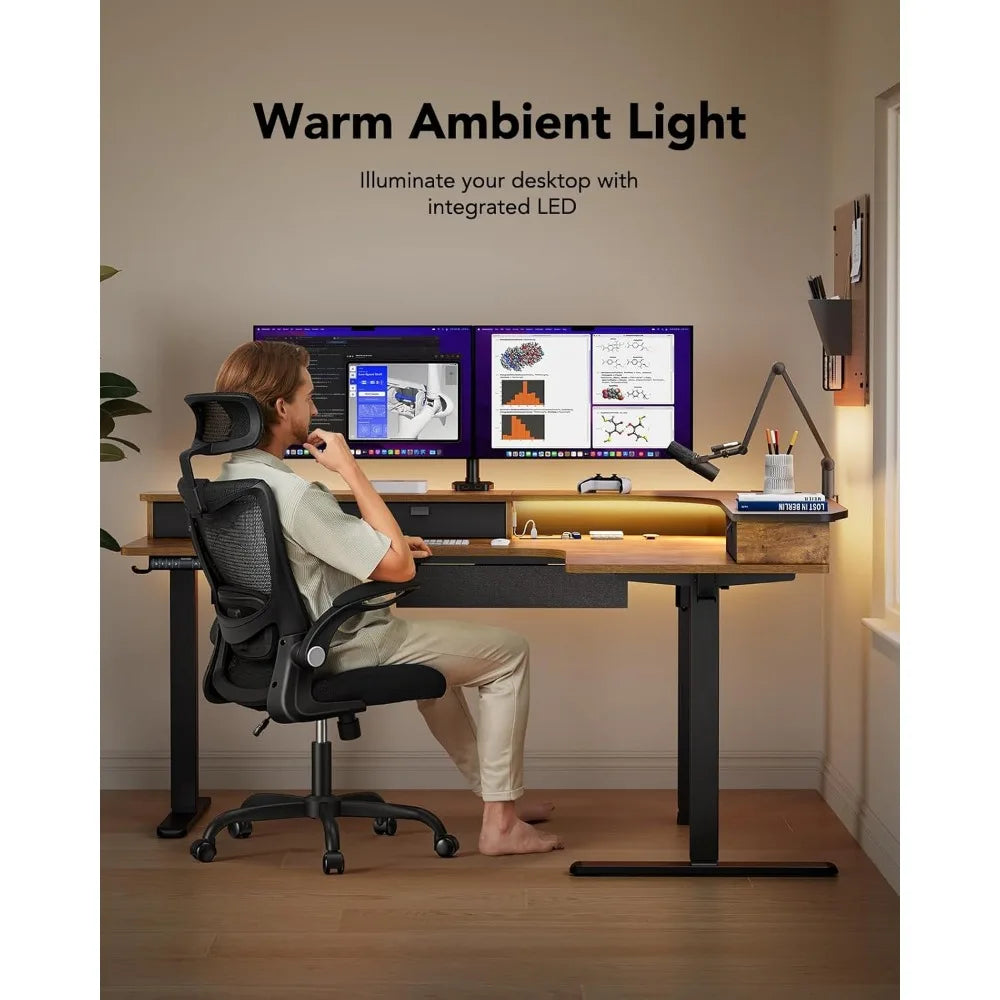 65 Inch L Shaped Electric Height Adjustable Standing Desk with Power Outlets