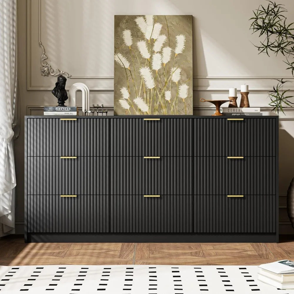 Black Dresser 9 Drawer Modern Chest of Drawers for Bedroom Living Room