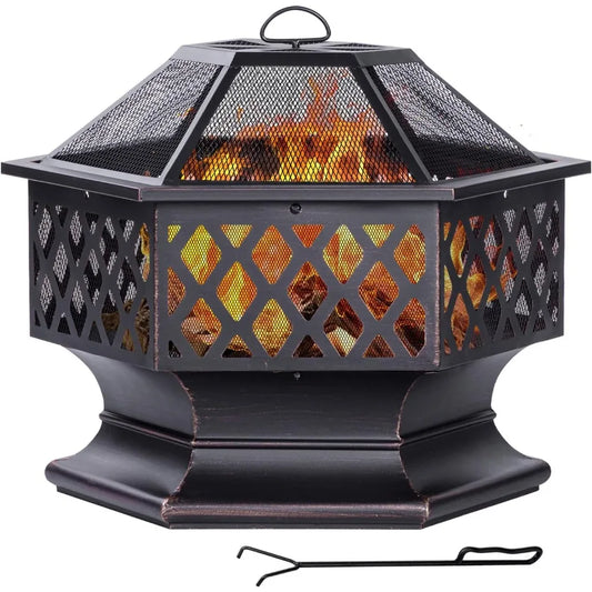 Outdoor Hexagon Fire Pit Wood Burning Patio Bonfire Camping 28 Inch