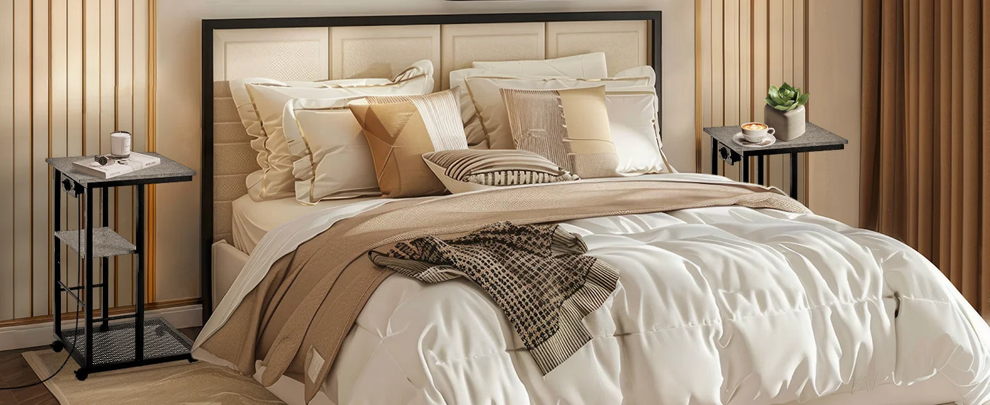 C Shaped End Table with Charging Station Rolling Wheels Small Space