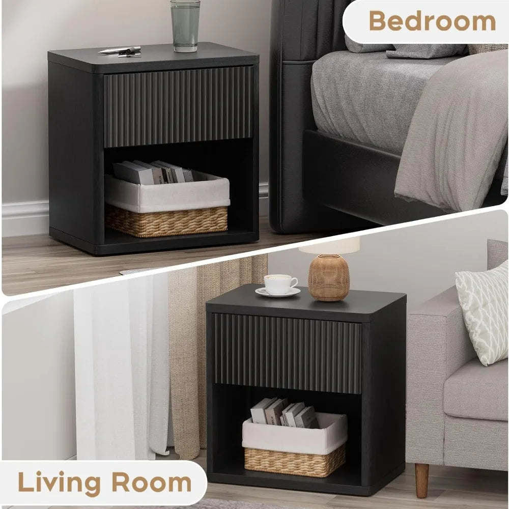 22.8" W Black Nightstand with Hidden Drawers Mid Century Modern Design