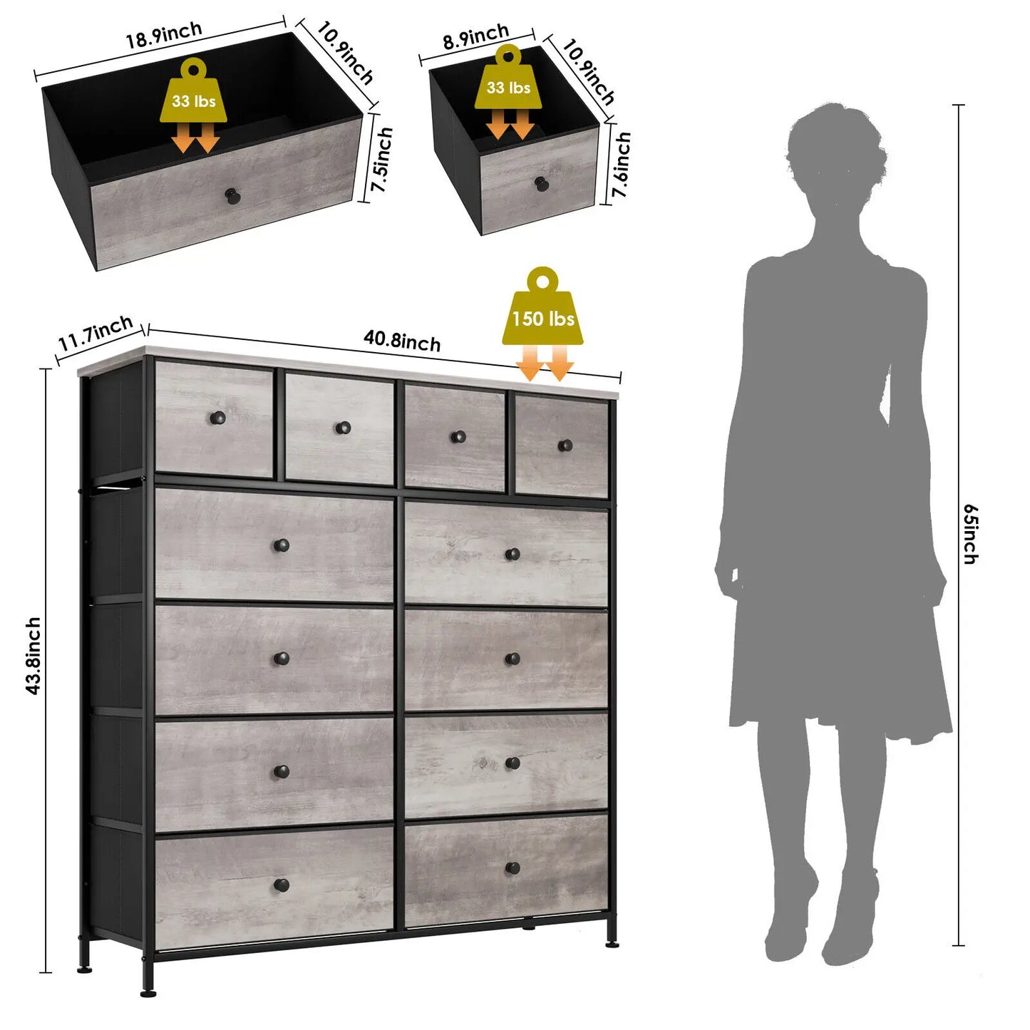 **** Chest of Drawers Fabric Storage 8/12 Drawers Wooden Top Metal Frame