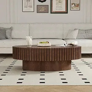 Modern Oval Coffee Table Handcrafted Drum Fluted Center Table